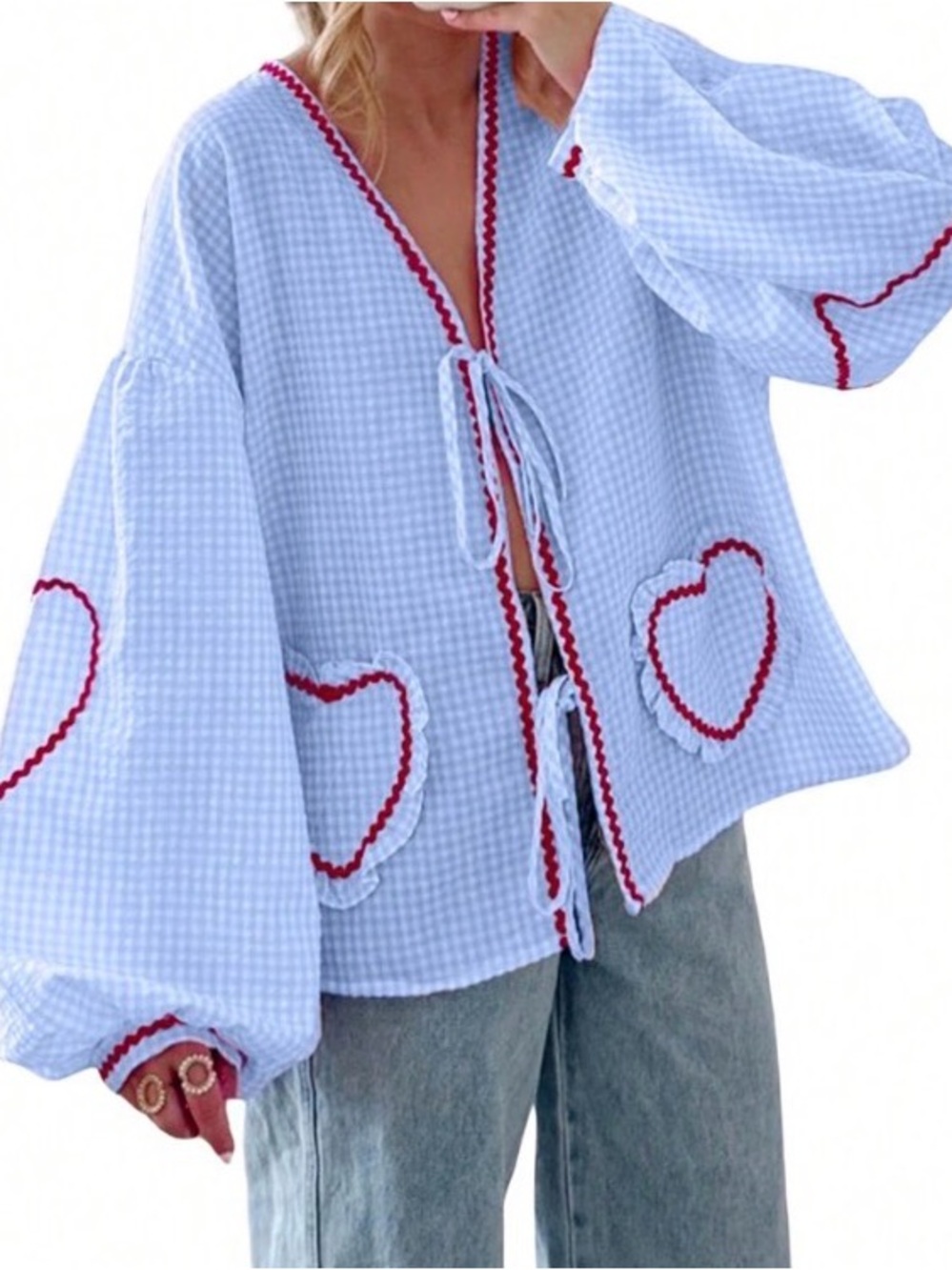 Light Blue Gingham Heart-Trim Tie-Front Blouse